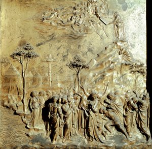 Moses empfängt die Gesetzestafeln Originaltafel des Paradiestores (Osttor des Baptisteriums), nach der Restaurierung. Goldbronze von Lorenzo Ghiberti (1378-1455) von Lorenzo Ghiberti