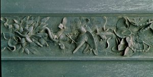 Skulptierter Rahmen, Detail des Nordtors. Flachrelief aus Bronze von Lorenzo Ghiberti