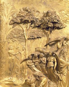Die Geschichte von Adam, Detail der Versuchung von Adam und Eva, von einem der Originaltafeln der Osttüren des Baptisteriums, 1425-52 (nach Restaurierung)