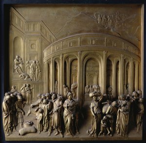 Die Geschichte von Joseph: Joseph wird in die Sklaverei verkauft, Das Finden des Silberbechers und Joseph wird von seinen Brüdern erkannt, eines von zehn Reliefpanelen von den Toren des Paradieses von Lorenzo Ghiberti