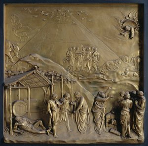Die Geschichte von Noah: der Auszug aus der Arche, die Trunkenheit Noahs und sein Opfer an Gott, eines von zehn Reliefpanelen von den Paradiespforten (Osttüren), 1425-52 von Lorenzo Ghiberti