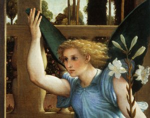 Verkündigungsengel, Detail aus der Verkündigung, ca. 1434, von Lorenzo Lotto von Lorenzo Lotto