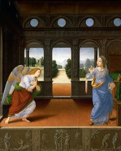 Die Verkündigung und drei Geschichten aus Genesis c.1480-85 von Lorenzo di Credi