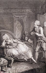 Gentilhomme erklärt einer Dame seine Liebe, die auf einer Schäferin schmachtet - in „Les françaises ou 34 exemples choisis dans les moeurs actuelles propres à diriger les filles, les femmes, les mères“ von Restif de La Bretonne (1734-1806), ill. von Binet,
