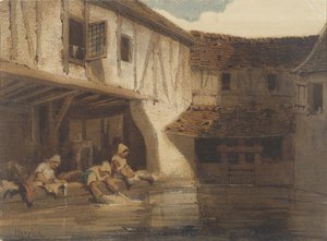 Badende Frauen in einer offenen Halle eines Häuserkomplexes am Wasser von Louis Adolphe Hervier (signed by artist)