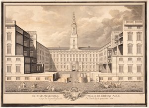 Christiansborg Palais in Kopenhagen. Querschnitt der großen Fassade des Eingangs zum ersten Hof