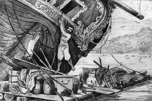 Ich stieg auf mein Floß und setzte mich dann aufs Meer... Gravur nach einer Zeichnung von M. de Sainson für das Buch von Daniel Defoe „Robinson Crusoe“, französische Ausgabe von 1837.
