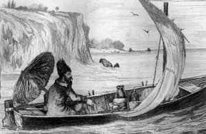 Ich wurde von der Strömung getrieben, Gravur nach einer Zeichnung von M. de Sainson für das Buch von Daniel Defoe „Robinson Crusoe“, französische Ausgabe von 1837 von Louis Auguste de Sainson