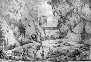 Dreimal bebte der Boden unter meinen Füßen, Gravur nach einer Zeichnung von M. de Sainson für das Buch von Daniel Defoe „Robinson Crusoe“, französische Ausgabe von 1837. von Louis Auguste de Sainson