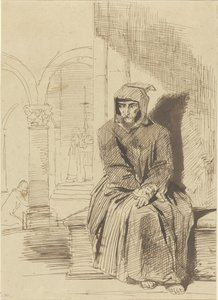 Sitzender Mönch in Meditation, während im Hintergrund die Messe gefeiert wird von Louis Boulanger