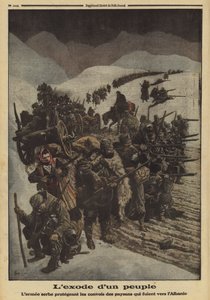 Exodus eines Volkes: Die serbische Armee schützt eine Kolonne von Bauern, die nach Albanien fliehen, Erster Weltkrieg von Louis Charles (after) Bombled