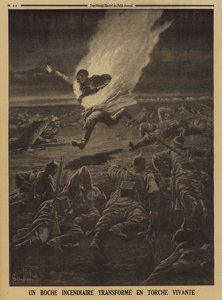 Deutscher Soldat, der brennbare Materialien trägt, wird während einer Nachtkampfszene zu einer menschlichen Fackel, Erster Weltkrieg von Louis Charles (after) Bombled