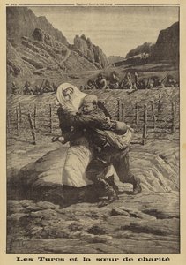 Türkische Soldaten halten ihr Feuer zurück, während eine Rotkreuzschwester einen verwundeten russischen Soldaten aus dem Niemandsland rettet, Kaukasus, Erster Weltkrieg