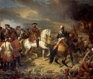 Die Schlacht von Lawfeld gewonnen vom Marschall von Sachsen am 27.07.1747 Die französische Armee von König Ludwig XV. siegte über die Briten des Herzogs von Cumberland. Gemälde von Louis Charles Auguste Couder (1789-1873) 1836 von Louis Charles Auguste Couder