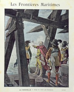 Armand-Jean du Plessis, Kardinal de Richelieu (1585-1642) bei der Belagerung von La Rochelle im Jahr 1627, Umschlag eines Schulheftes um 1894 von Louis Charles Bombled