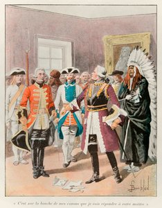 Louis de Frontenac (1622-1698) empfängt den englischen Gesandten, der ihn auffordert, die Stadt Quebec kampflos zu übergeben, und antwortet ihm: „Durch das Mündungsfeuer meiner Kanonen werde ich Ihrem Herrn antworten“; Histoire de la