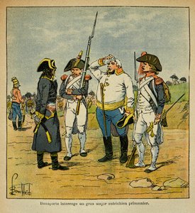 Illustration von Louis Bombled aus dem Buch von Graf Emmanuel de Las Cases: Während des Italienfeldzugs verhört Bonaparte einen österreichischen Gefangenen von Louis Charles Bombled
