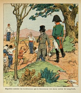 Illustration aus dem Buch „The Memorial of Saint Helene“ von Graf Emmanuel de Las Cases: Napoleon untersucht die Befestigungen, die Gouverneur Hudson Lowe um Longwood errichtete von Louis Charles Bombled