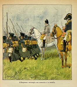 Illustration von Louis Bombled aus dem Buch „Das Memorial von Saint Helene“ von Graf Emmanuel de Las Cases: Kaiser Napoleon betrachtet seine Rekruten während einer Schlacht, Private Sammlung von Louis Charles Bombled