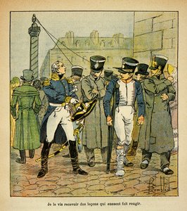 Illustration von Louis Bombled aus dem Buch „Das Memorial von Saint Helene“ von Graf Emmanuel de Las Cases: Ein ehemaliger Offizier Napoleons ruft unter der Restauration ehemalige Rekruten auf, das Kaiserreich abzulehnen, Teilsammlung von Louis Charles Bombled