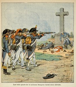Illustration von Louis Bombled aus dem Buch „Das Memorial von Saint Helene“ von Graf Emmanuel de Las Cases: Schusswechsel der Chouans während des Vendée-Krieges, Private Sammlung von Louis Charles Bombled