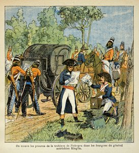 Illustration von Louis Bombled (1862-1927) aus dem Buch „Das Memorial von St. Helena“ von Graf Emmanuel de Las Cases (1766-1842): Während des Rheinübergangs entdeckt Moreau die Korrespondenz zwischen Pichegru und dem Prinzen von Condé