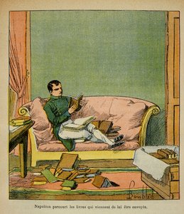 Illustration aus dem Buch „The Memorial of Saint Helene“ von Graf Emmanuel de Las Cases: Kaiser Napoleon durchstöbert die Bücher, die gerade nach St. Helene geschickt wurden von Louis Charles Bombled