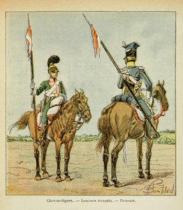 Illustration aus dem Buch „The Memorial of Saint Helene“ von Graf Emmanuel de Las Cases: Leichte Kavallerie der Garde: Französischer und polnischer Lanzenreiter von Louis Charles Bombled