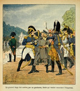 General Rapp verhaftet, durch einen Gendarmen, den jungen Stabs, der Kaiser Napoleon ermorden wollte, aus dem Buch „The Memorial of Saint Helene“ von Graf Emmanuel de Las Cases von Louis Charles Bombled