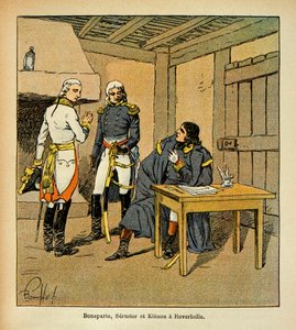 Illustration von Louis Bombled (1862-1927) aus dem Buch „Das Memorial von Saint Helena“ von Graf Emmanuel de Las Cases (1766-1842): Bonaparte, Jean Mathieu Philibert Serrurier (1742-1819) und Johann von Klenau (1758-1819) in Roverbello während des Italienf