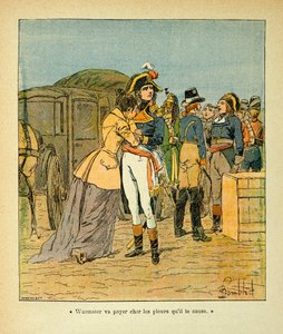 Illustration von Louis Bombled (1862-1927) aus dem Buch „Das Memorial von Saint Helena“ von Graf Emmanuel de Las Cases (1766-1842): Bonaparte tröstet Josephine nach dem Angriff auf sein Auto während des Italienfeldzugs, Privatbesitz von Louis Charles Bombled