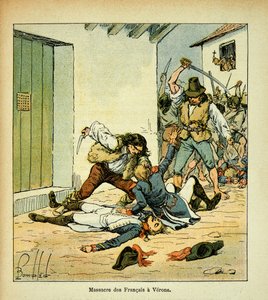 Illustration von Louis Bombled (1862-1927) aus dem Buch „Das Memorial von Saint Helena“ von Graf Emmanuel de Las Cases (1766-1842): Massaker an französischen Soldaten in Verona, Privatbesitz von Louis Charles Bombled