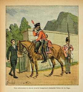 Illustration von Louis Bombled aus dem Buch „Das Memorial von Saint Helene“ von Graf Emmanuel de Las Cases: Ein Befehlshaber zu Pferd kommt nach Longwood und fragt nach dem Atlas von Le Sage von Louis Charles Bombled