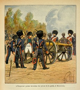 Illustration von Louis Bombled aus dem Buch „Das Memorial von Saint Helene“ von Graf Emmanuel de Las Cases: Kaiser Napoleon richtet selbst die Kanonen der Garde in der Schlacht von Montereau