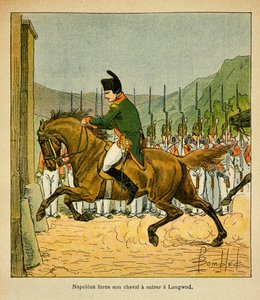 Illustration aus dem Buch „The Memorial of St. Helene“ von Graf Emmanuel de Las Cases: Kaiser Napoleon zwingt sein Pferd, Longwood auf St. Helene zu betreten von Louis Charles Bombled