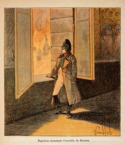 Illustration aus dem Buch „Das Memorial von St. Helene“ von Graf Emmanuel de Las Cases: Kaiser Napoleon betrachtet das Feuer von Moskau im September 1812 von Louis Charles Bombled
