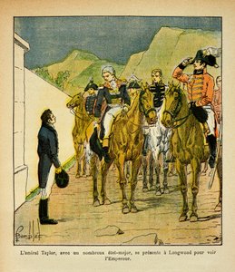 Admiral Taylor mit einem Generalstab stellt sich in Longwood vor, um Kaiser Napoleon zu treffen, aus dem Buch „The Memorial of St. Helene“ von Graf Emmanuel de Las Cases von Louis Charles Bombled