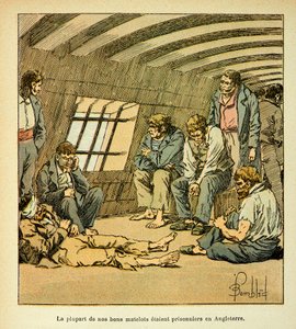 Illustration aus dem Buch „The memorial se Sainte Helene“ von Graf Emmanuel de Las Cases: Französische Gefangene auf den englischen Pontons von Louis Charles Bombled