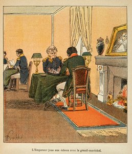 Illustration von Louis Bombled (1862-1927) aus dem Buch „Das Memorial von Saint Helene“ von Graf Emmanuel de Las Cases (1766-1842): Napoleon und Großmarschall Henri Gatien Bertrand (1773-1844) spielen Schach im August 1816 auf St. Helena, Privatsammlung von Louis Charles Bombled