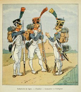 Illustration von Louis Bombled aus dem Buch „Das Memorial von Saint Helene“ von Graf Emmanuel de Las Cases: Französische Armee: Linieninfanterie: Füsilier, Grenadier und Voltigeur, Private Sammlung von Louis Charles Bombled