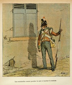 Illustration von Louis Bombled aus dem Buch „Das Memorial von Saint Helene“ von Graf Emmanuel de Las Cases: Englischer Wachposten in der Nähe des Hauses des Kaisers in St. Helene, Private Sammlung von Louis Charles Bombled