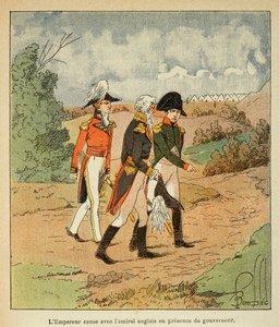 Illustration von Louis Bombled aus dem Buch „Das Memorial von Saint Helene“ von Graf Emmanuel de Las Cases: Gespräch zwischen Napoleon, Gouverneur Hudson Lowe und dem englischen Admiral Cockburn im August 1816 in St. Helene, Private Sammlung von Louis Charles Bombled