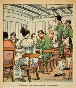 Illustration von Louis Bombled (1862-1927) aus dem Buch „Das Memorial von St. Helena“ von Graf Emmanuel de Las Cases (1766-1842): Abendessen von Kaiser Napoleon an Bord der Northumberland auf dem Weg nach St. Helena, mit Frau De Montholon zu seiner Linken