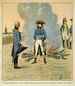 Illustration von Louis Bombled (1862-1927) aus dem Buch „Das Memorial von St. Helena“ von Graf Emmanuel de Las Cases (1766-1842): Erstes Treffen zwischen Bonaparte und Marschall Henri Gatien Bertrand (1773-1844), damals Offizier des Genie in der Armee von  von Louis Charles Bombled