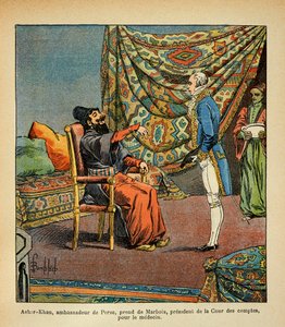 Illustration aus dem Buch „The Memorial of Saint Helene“ von Graf Emmanuel de Las Cases: Der persische Botschafter Asker-Khan besucht Paris und trifft Francois Barbe-Marbois von Louis Charles Bombled