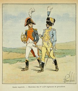Illustration aus dem Buch „The Memorial of Saint Helene“ von Graf Emmanuel de Las Cases: Kaiserliche Garde: Musiker des 1. und 2. Grenadierregiments