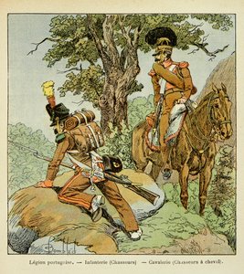 Portugiesische Legion: Infanterie (Jäger) und Kavallerie (Jäger zu Pferd), aus dem Buch „The Memorial of Saint Helene“ von Graf Emmanuel de Las Cases