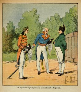 Illustration von Louis Bombled (1862-1927) aus dem Buch „Das Memorial von Saint Helena“ von Graf Emmanuel de Las Cases (1766-1842): Auf St. Helena stellt ein englischer Kapitän Kaiser Napoleon einen Leutnant vor, Privatbesitz von Louis Charles Bombled