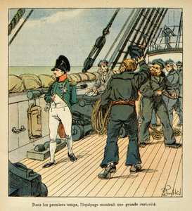 Illustration von Louis Bombled aus dem Buch „Das Memorial von Saint Helene“ von Graf Emmanuel de Las Cases: Napoleon auf dem Weg nach St. Helene an Bord der Northumberland zieht die Sympathie der Besatzung auf sich