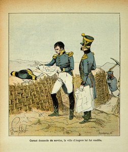Illustration von Bombled Louis (1862-1927) aus dem Werk „Das Memorial von St. Helena“ von Graf Emmanuel de Las Cases (1766-1842): Lazare Carnot (1753-1823) beauftragte den Dienst, die Stadt Angers wurde ihm anvertraut, Teil der Sammlung von Louis Charles Bombled